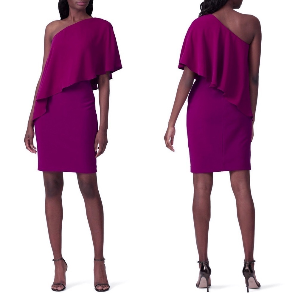RALPH LAUREN Berry Jersey One Shoulder Crepe Overlay Sleeveless Sheath Dress 6
